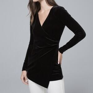 WHBM Black Long-Sleeve V-Neck Draped Velvet Tunic Size Medium